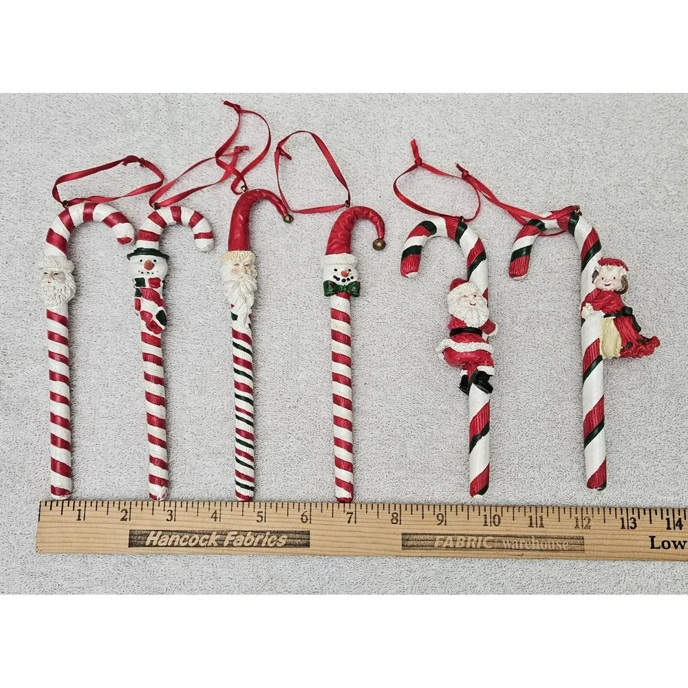 Six Vintage Intricate Candy Cane Ornaments‎ Santa Snowman Mrs. Claus